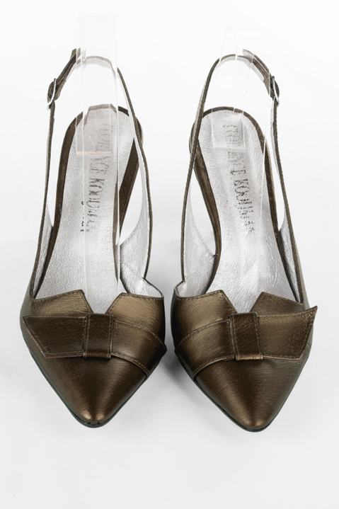 Bronze gold women's open back shoes, with a knot. Tapered toe. High slim heel. Top view - Florence KOOIJMAN